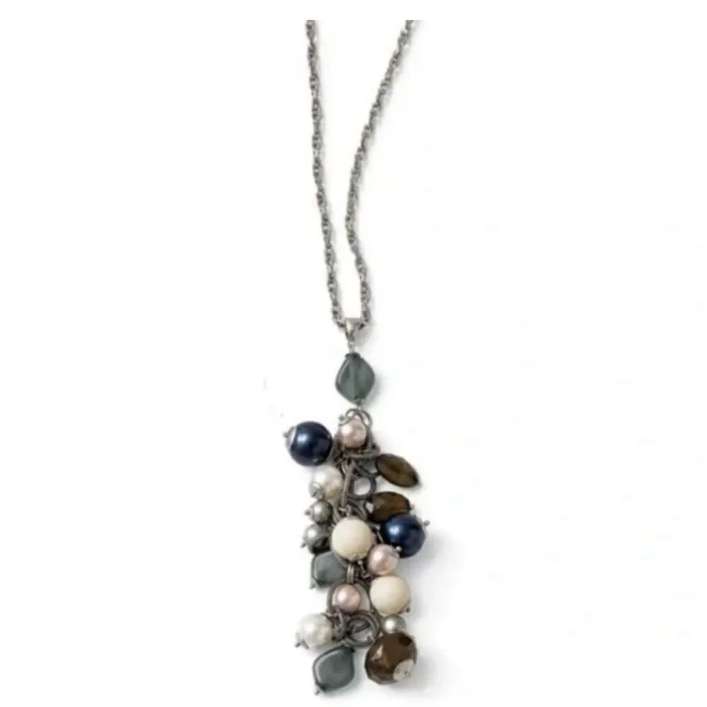 Lia Sophia Multi-Color Beaded Silver Long Necklace Boho Neutrals Adjustable
